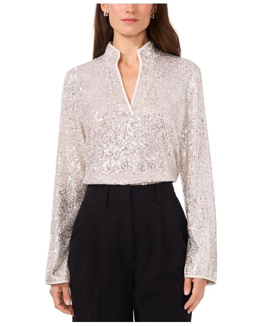 Vince Camuto White Sequined Split-neck Tunic Blouse