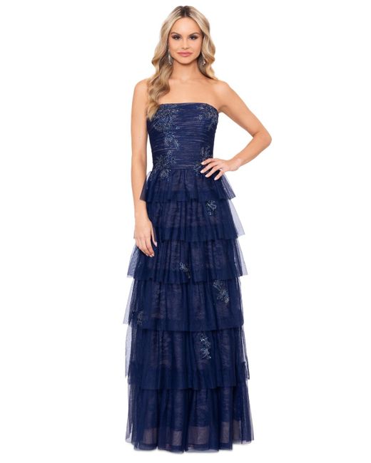 Xscape Blue Off-the-shoulder Tiered Mesh Ballgown