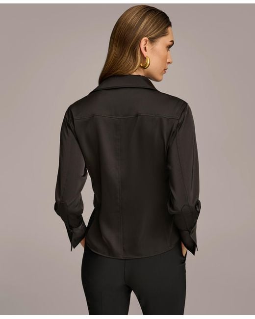 Donna Karan Black Petite Button Front Point Hem Top