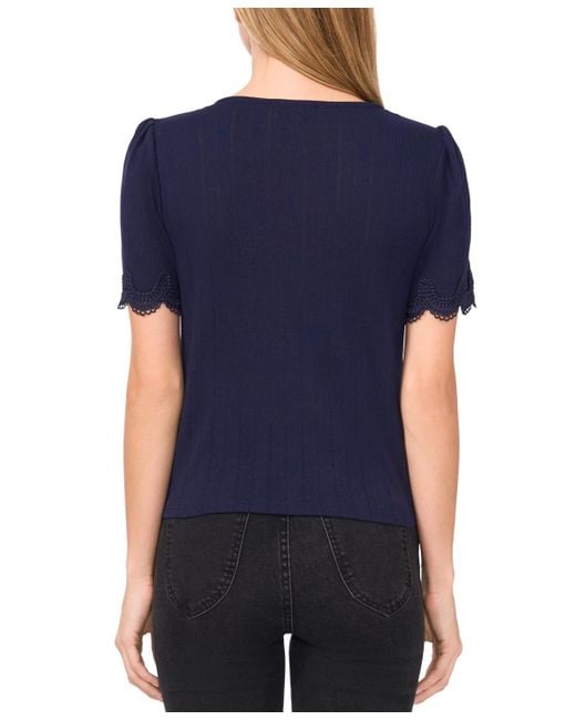 Cece Blue Scalloped-cuff Lace-trim Round-neck Top