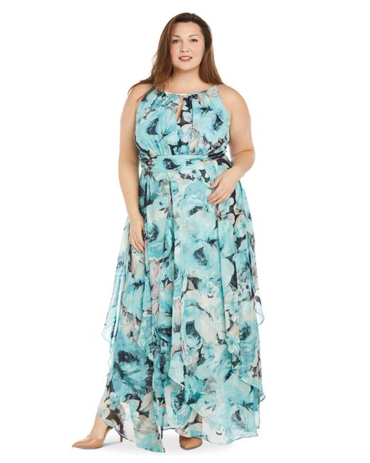 R & M Richards Blue Plus Size Floral-print Halter Maxi Dress