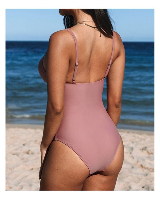 CUPSHE V Neck Tummy Control One Piece Swimsuit in Pink