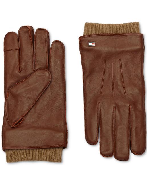 Tommy Hilfiger Brown Double Layer Cuff Leather Gloves for men