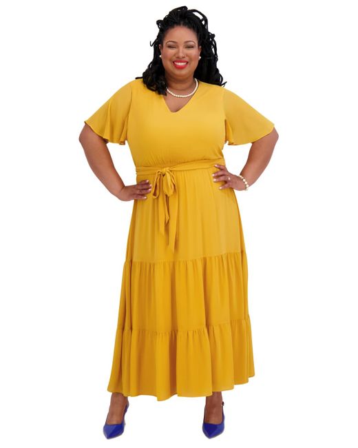 Kasper Yellow V-neck Flutter-sleeve Maxi Dress
