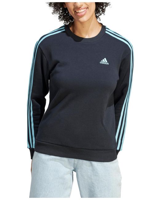 Adidas Blue 3-stripe Cotton Fleece Crewneck Sweatshirt