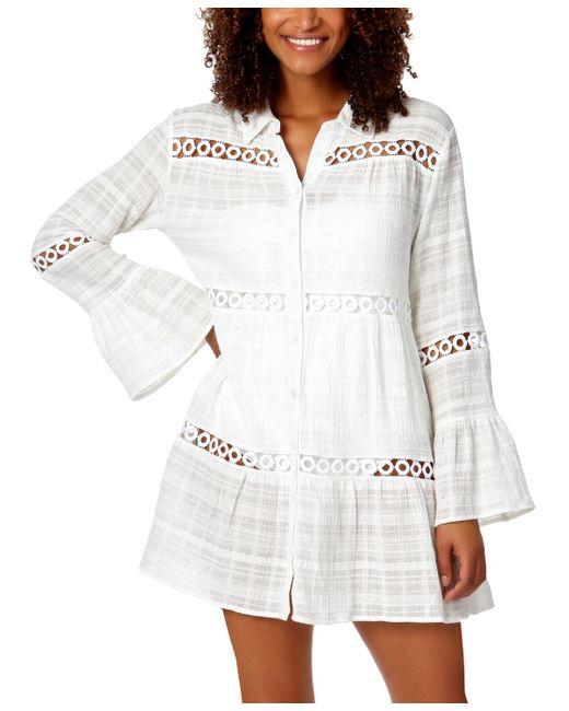 Anne Cole White Cotton Bell-sleeve Cover-up Tunic
