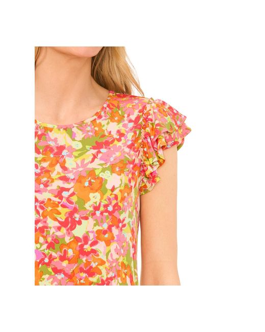 Cece Orange Floral Print Double Ruffled Sleeve Crewneck Knit Top