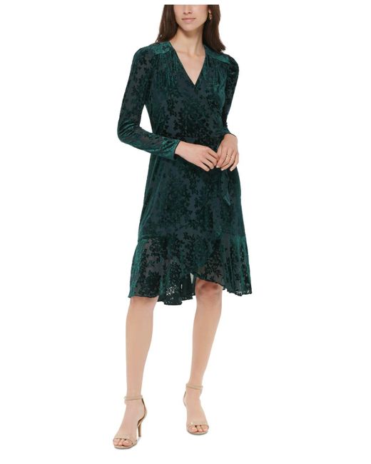 Tommy Hilfiger Burnout Velvet Faux-wrap Dress in Green | Lyst