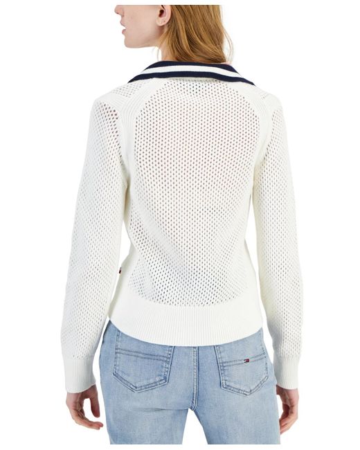 Tommy Hilfiger White Cotton Collared V-neck Mesh Sweater