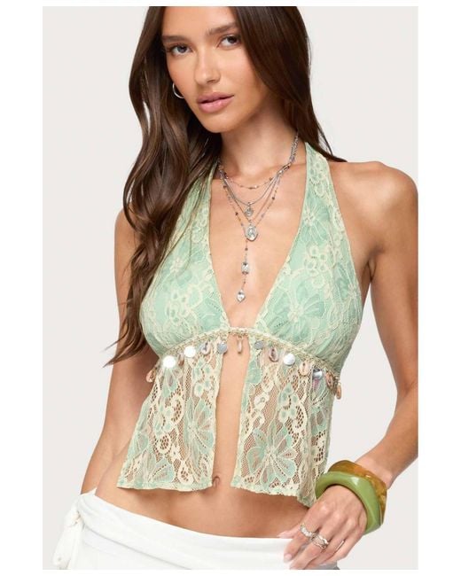 Edikted Green Lace Split Front Backless Top