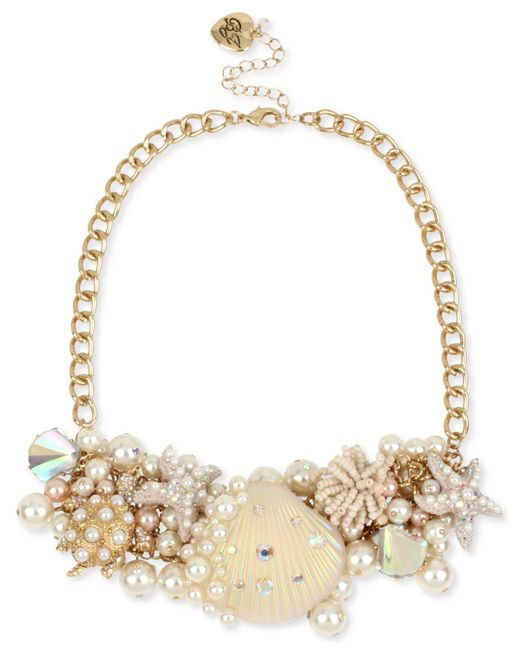 Betsey Johnson Pink Gold-tone Crystal & Imitation Pearl Seashell Statement Necklace, 17" + 3" Extender