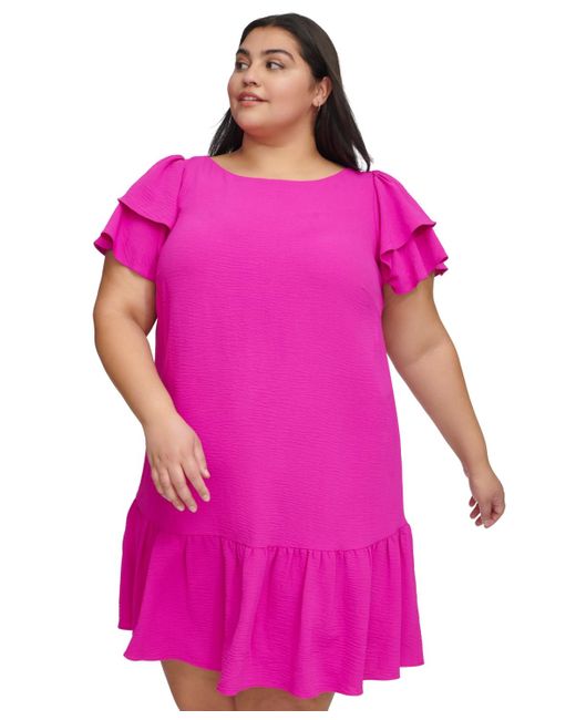DKNY Pink Plus Size Ruffle Flutter-sleeve Boat-neck Dress
