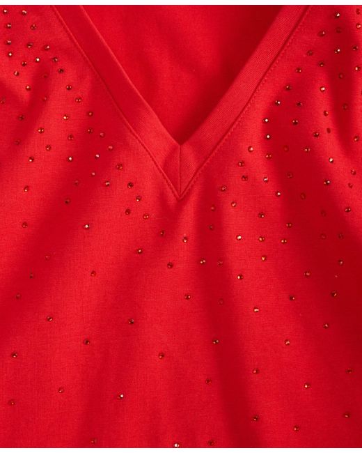INC International Concepts Red Plus Size V-neck Rhinestone-embellished Top