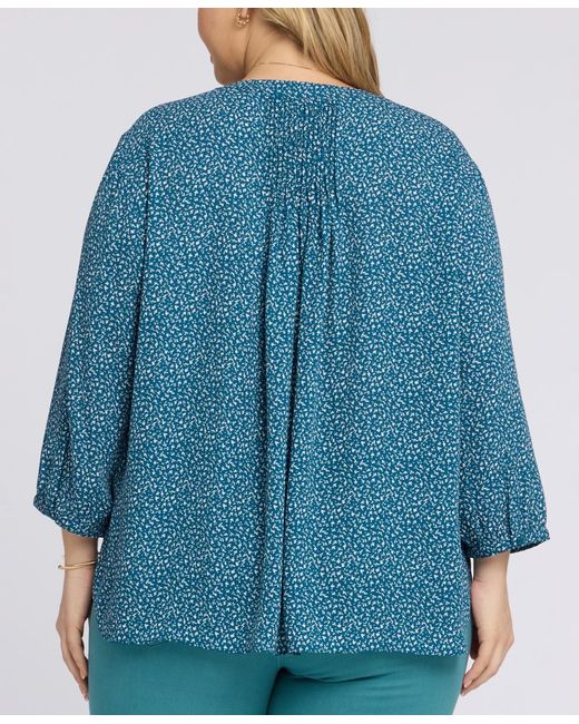 NYDJ Blue Plus Size Pintuck Split Neck Top