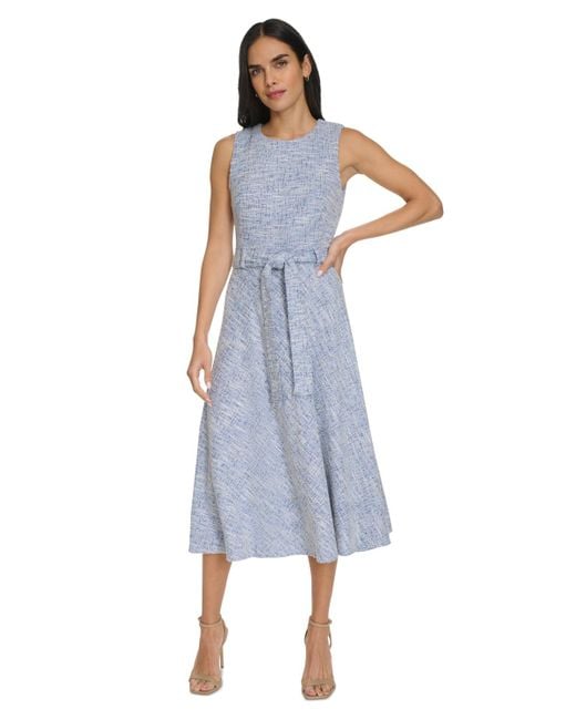 Calvin Klein Jewel-neck Sleeveless Belted Tweed Midi Dress