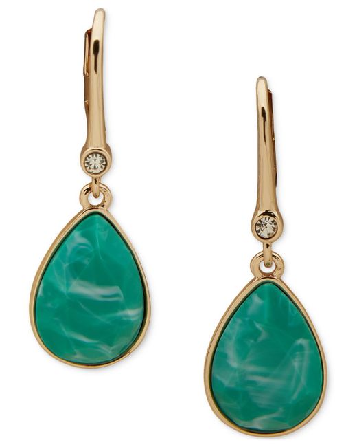 DKNY Green Gold-tone Pave & Tear-shape Stone Drop Earrings