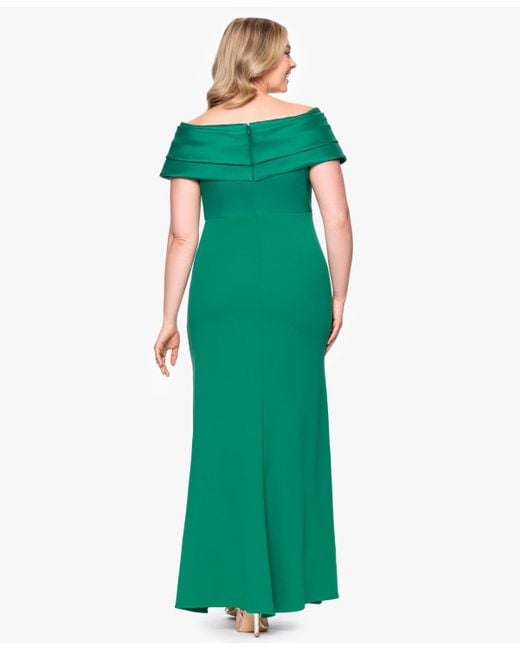 Betsy & Adam Green Plus Size Mixed-material Off-the-shoulder Gown