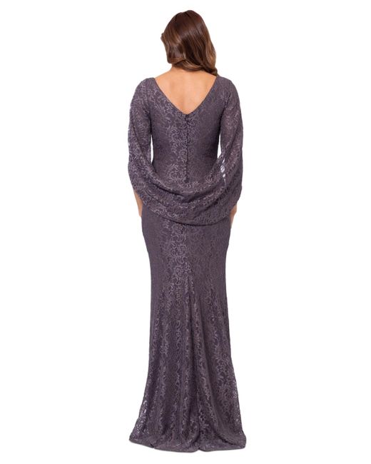 Betsy & Adam Purple Glitter-lace Capelet Gown