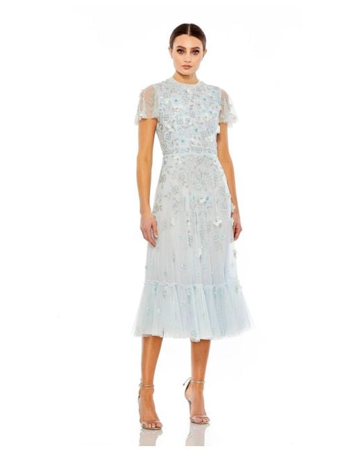 Mac Duggal White Embellished High Neck Cap Sleeve A Line Dress