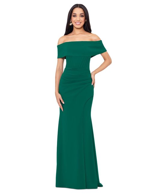 Betsy & Adam Green Off-the-shoulder Front-slit Gown
