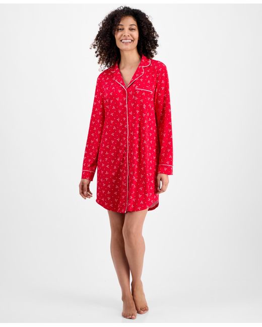 Charter Club Red Jersey Printed Long Sleeve Sleepshirt