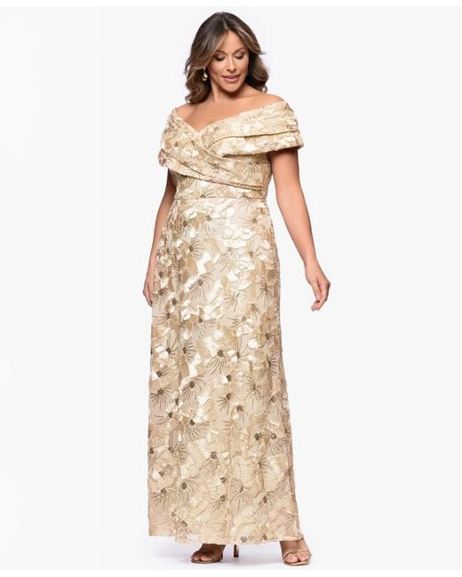Betsy & Adam Plus Size Off-the-shoulder Long Gown in Natural