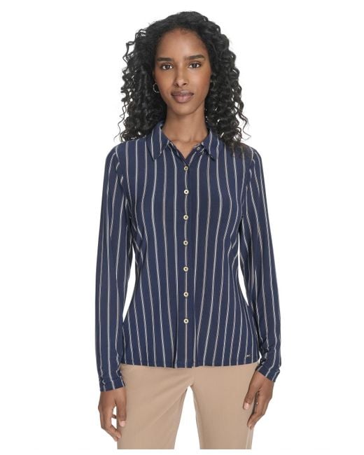 Tommy Hilfiger Women's Blue Striped Knit Long-sleeve Shirt