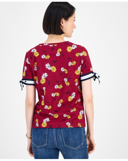 Tommy Hilfiger Red Daisy-print Tie-sleeve Top
