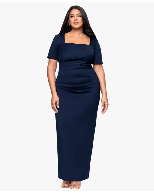 Betsy & Adam Blue Plus Size Long Tech Scuba Open Back Dress
