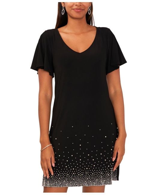 Msk Black V-neck Short-sleeve Embellished-hem Shift Dress