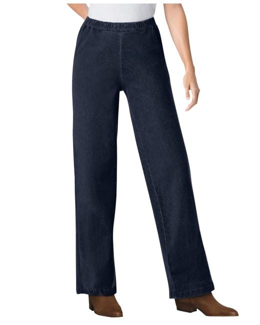 Woman Within Blue Petite Within Fineline Stretch Denim Wide-leg Pull-on Jeans