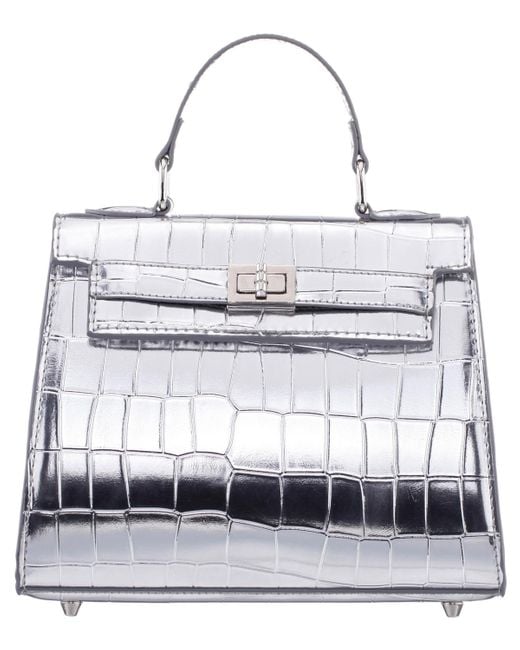 Nina White Mini Croco Embossed Magnetic Snap Satchel Bag