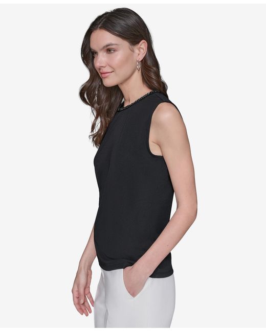 Karl Lagerfeld Black Bead-trim Sleeveless Top