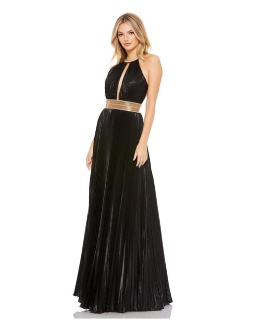 Mac Duggal Pleated Embellished Halter Open Back Gown In Black Lyst