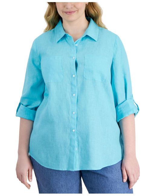 Charter Club Blue Plus Size 100% Linen Roll-tab Shirt