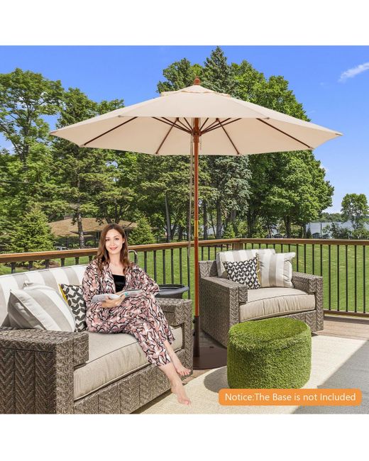 COSTWAY White 9.5 Ft Patio Rope Pulley Wooden Umbrella Market W/fiberglass Ribs Outdoor