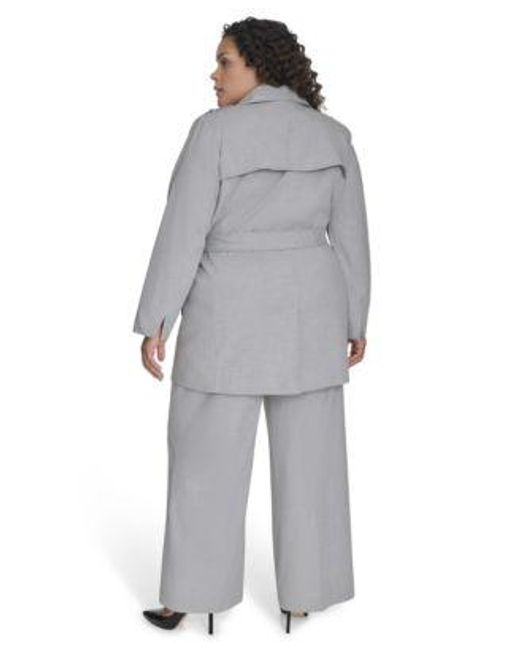 Calvin Klein Gray Plus Size Double Breasted Belted Trench Coat Cable Knit Cap Sleeve Sweater High Rise Wide Leg Pants