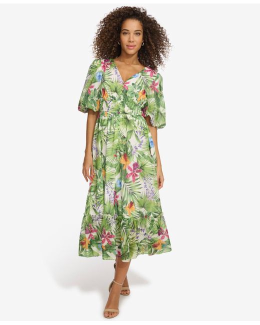 Kensie Green Floral-print Balloon-sleeve Maxi Dress