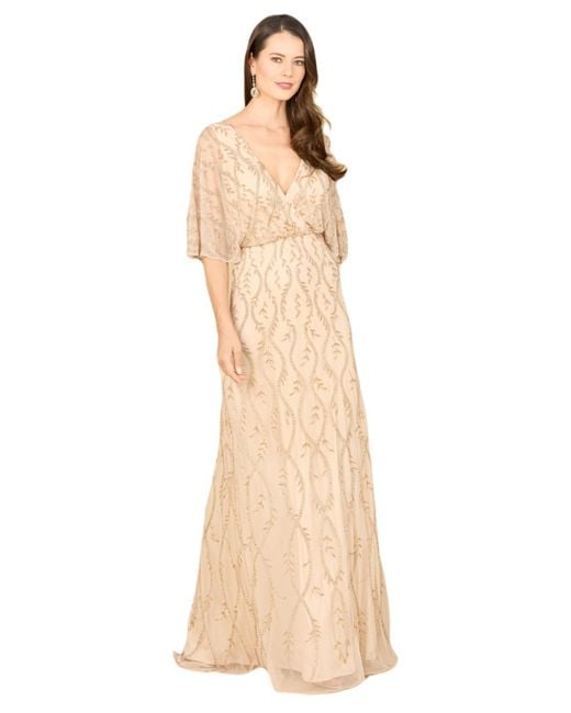 Lara Natural Illusion Cape Sleeve Beaded Gown
