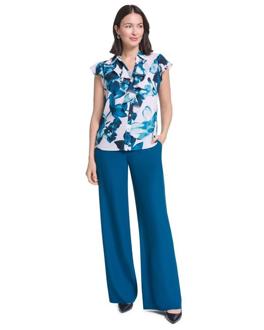 Calvin Klein Blue Ruffle Front Collared Blouse