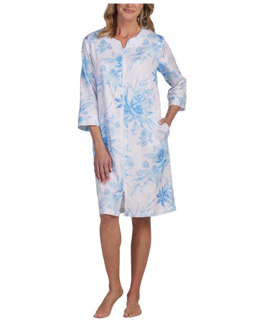 Miss Elaine Blue Cotton Floral 3/4-sleeve Robe