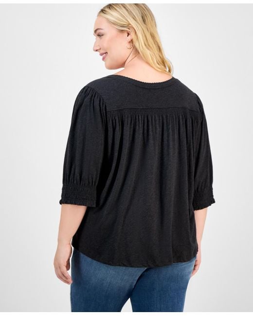 Democracy Black Trendy Plus Elbow-sleeve Smocked-cuff Blouse