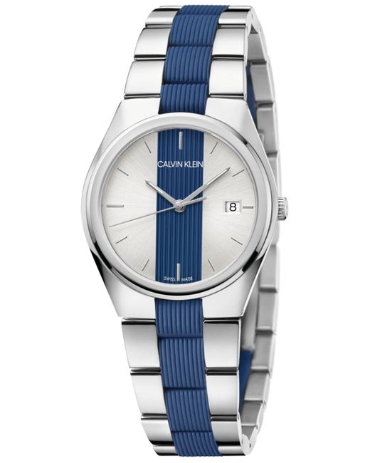 Calvin Klein Metallic Contrast Stainless Steel And Blue Silicone Bracelet Watch 34mm