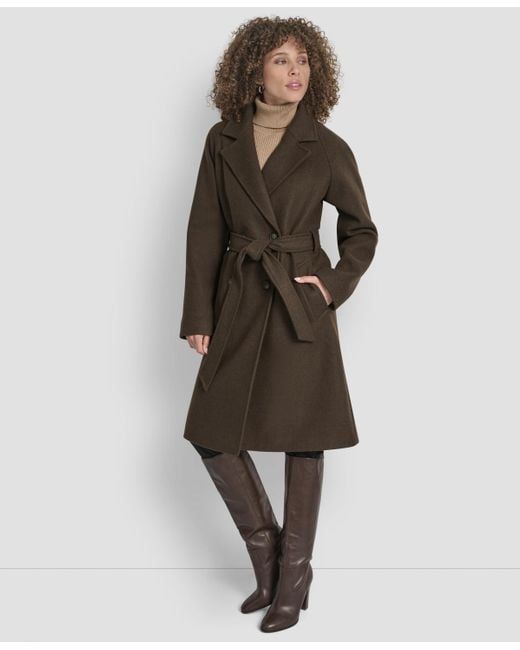 DKNY Women's Brown Belted Notch Collar Coat