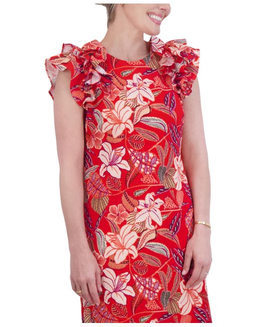 Jessica Howard Red Petite Printed Jewel-neck Ruffle-sleeve Dress