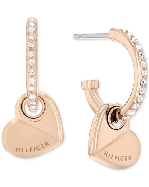 Tommy Hilfiger Natural Gold-tone Stainless Steel Heart Charm Pave Hoop Earrings