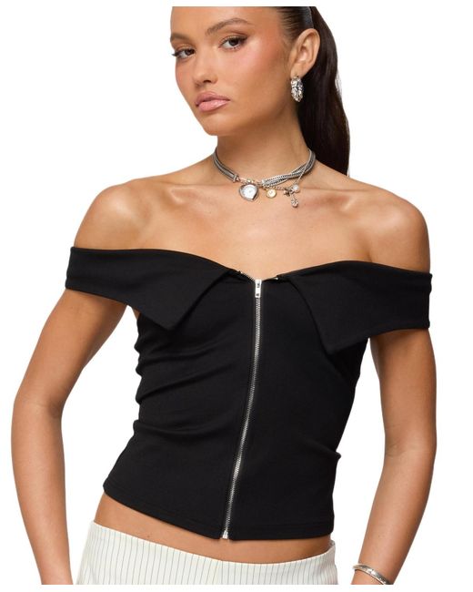 Edikted Black Collared Off Shoulder Zip Up Top