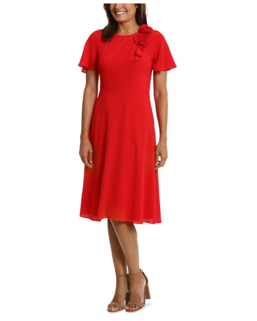 London Times Red Rosette Flutter-sleeve Midi Dress