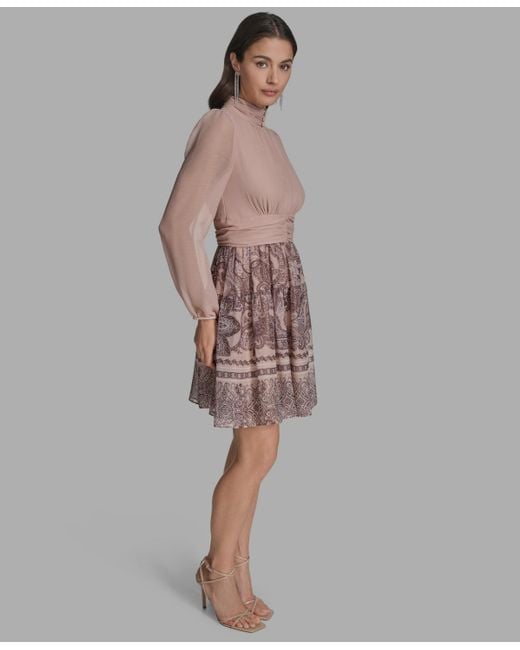 BCBGMAXAZRIA Brown Mock-neck Long-sleeve Chiffon Fit & Flare Dress