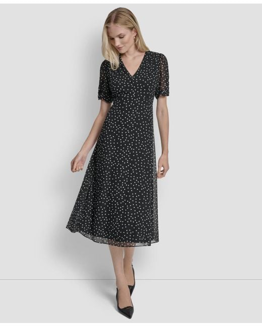 DKNY Black Polka-dot V-neck Button-trim Midi Dress